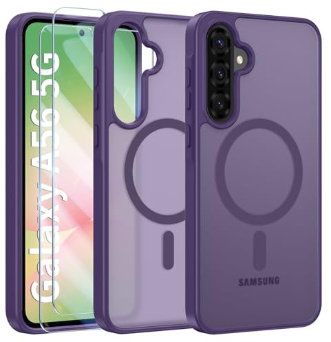 Opkiegrn Magnetica Cover per Samsung Galaxy A56 5G con 2 Pezzi Vetro Temperato, Compatibile con MagSafe, [Antiurto Grado Militare] Custodia Posteriore Glassata Traslucida Anti-Impronte,Viola