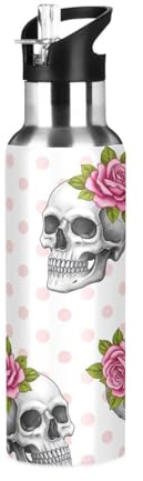 Stainless Steel Water Bottle 32 Oz, Leakproof Water Bottles for Gym Outdoor Travel School, Grey Skulls Pink Roses
