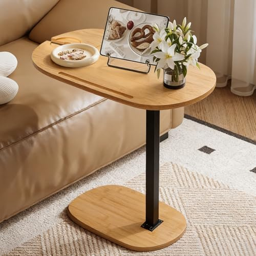 Zuxbolf Beistelltisch C Form Höhenverstellbar 40-80cm Kleiner Couchtisch 360°Rotierend Bambus Mobiler Kaffeetisch Betttisch für Wohnzimmer Schlafzimmer Badezimmer mit Handyhalter und Cup Holder