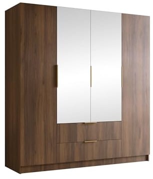 Mirjan24 Kleiderschrank mit Spiegel Sozor II 200, Schrank, Garderobe, Organizer, 4-türig, 2 Schubladen für mehr Stauraum, Aluminiumgriffe, gedämpftem Schließsystem (Nuss Warmia + Gold)