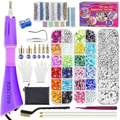 Hotfix Applikator, GGLTECK DIY Hot Fix Strass Applikator Wand Setter Tool Kit mit 7 verschiedenen Größen Spitzen, Pinzette & Pinsel Reinigungsset und 2 Pack Hot-Fix Kristall-Strasssteine