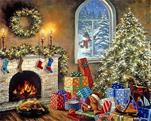 YEESAM ART Peinture par Numéros Adultes Enfants - Arbre de Noël, Bonhomme de Neige 40 x 50 cm - Toile Lin, Peinture à l'Huile DIY - Cadeau de Noël (Sans Cadre)