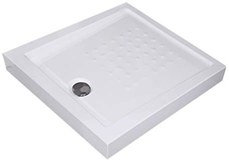 Plato de ducha acrílico reforzado (5,5 x 90 x 90 cm), color blanco con desagüe cromado