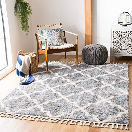 SAFAVIEH Zottelig Teppich für Wohnzimmer, Esszimmer, Schlafzimmer - Berber Fringe Shag Collection, Kurzer Flor, Grau und Creme, 183 X 274 cm