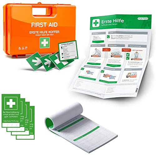 NEUE DIN 13157:2021 - Erste Hilfe Koffer inkl. Wandhalterung und Aufklebern - Verbandkasten - Kasten - Verbandskasten - Set - Betriebsverbandkasten - orange (Komplettpaket (Meldeblock))