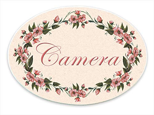 Targa per porta in legno stile shabby chic con scritta Camera, per decorare le porte interne di casa. Forma ovale cm 20x15 spessore 7 millimetri, con biadesivo
