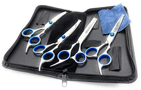 Gravitis Pet Supplies Professionelle Fellschere für Hunde, 5-teiliges Set mit Etui, 2 x gebogene Scheren, Effilierschere (Mischschere), gerade Schere und Kamm (blau)