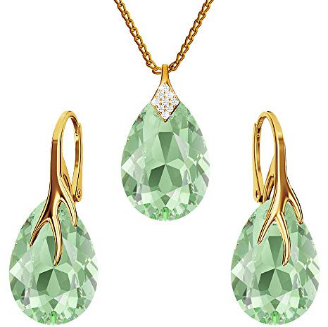 Ohrringe Silber 925 Hängend - Kette Damen mit Anhänger - Vergoldet Schmuck Set für Sie - mit Kristallen - Ohrringe Hängend und Halskette Damen Silber 925 - Tropfen mit Krallen (Peridot)
