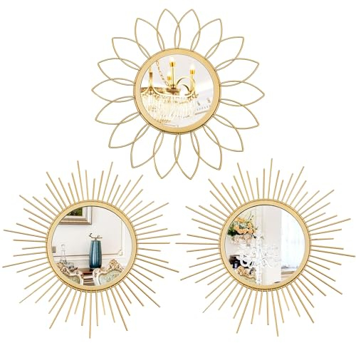 Uaussi Wandspiegel, goldfarben, 3 Stück, Metall, Sonneneffekt, Wanddekoration, zum Aufhängen, für Wohnzimmer, Schlafzimmer, Eingangsbereich