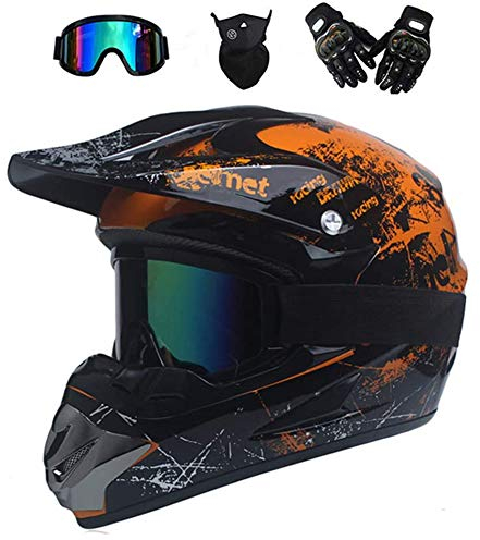 UIGJIOG Motorradhelm,Motocross Helm,Helm Kinder,Helmets Kinder-Cross-Helm, Road Helm mit Handschuhe Maske Brille, ATV Helm,Orange,M(54~55cm)