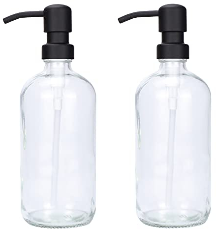 Plomkeest Lot de 2 distributeurs de savon en verre épais transparent de 500 ml avec pompe en acier inoxydable antirouille noire pour salle de bain, cuisine