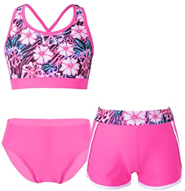 MSemis Bikini Niña de Playa Bañador Flores de Natacion Traje de Baño niña de Tres Piezas Crop Top+Braga+Pantalónes Cortos Ropa de Baño Fucsia 9-10 años