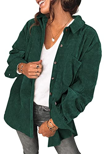 Saslax Damen Cordhemd Langarm Oversize Knopfleiste V-Ausschnitt Blusen Tops Lose Casual Jacke mit Taschen, A-grün, X-Groß