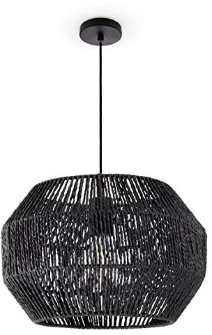 Paco Home Pendelleuchte Esstisch Papier Boho Hängelampe Esszimmer Lampe E27 Hängeleuchte Rattan, Farbe:Schwarz (Ø35cm), Leuchtenart/Farbe:Pendelleuchte - Schwarz