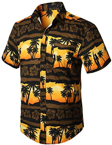 Enlision Hawaii Hemd Männer Sommer Herren Funky Hawaiihemd Kurzarm Braun Blumenhemden Aloha Palmen mit Brusttasche Hawaii Shirt Strandhemd 3XL