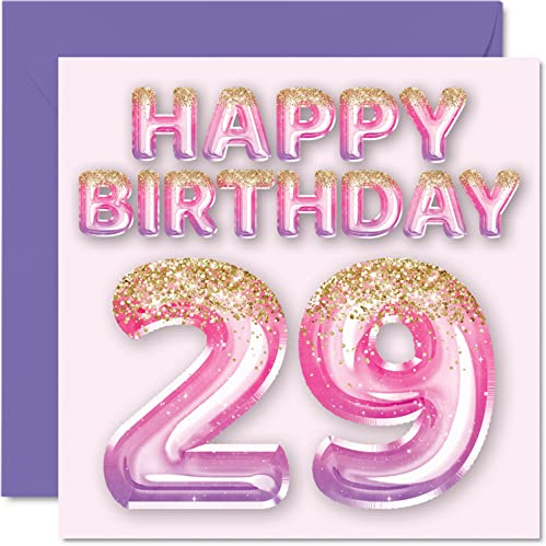 29th Birthday Card for Women, Pink & Purple Glitter Balloons | Happy Birthday Cards for 29 Year Old Woman Daughter Sister Auntie Cousin, 145mm Greeting Cards Gift