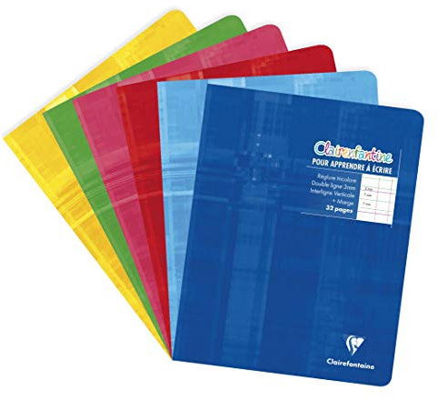 Clairefontaine 3794AMZC Lot de 6 Cahiers d'Écriture Agrafés - 17x22 cm - 32 Pages Double Ligne 3 mm Interligne Verticale - Papier Blanc 90 g - Couverture Carte Pelliculée - Couleurs Aléatoires