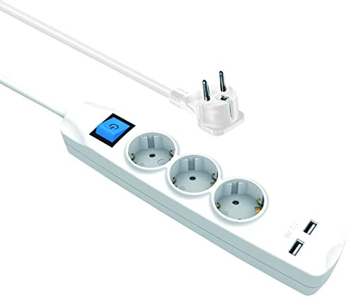 MaxTrack Bloc multiprise 3 Prises avec 2 Ports USB – NV56-3WL, câble de rallonge, multiprise, Prise Plate, Prise de Contact de Protection, Protection Contre Les Contacts, câble de 3 m