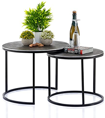 ELYFLAIR® 2er Set Couchtisch Metall - Edeles Beistelltisch-Set - Tisch Rund Silber - ø 55 u. 45 cm Höhe 43 cm u. 38 cm