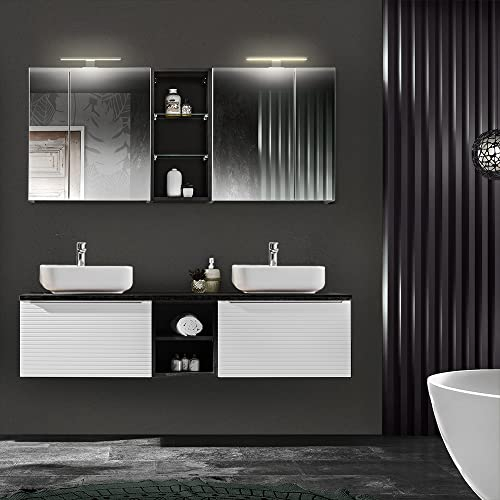 Lomadox Badmöbel Badezimmermöbel Set, weiß gerillt mit Eiche anthrazit, 150cm Waschtisch-Unterschrank mit Keramik-Waschbecken, 2 LED-Spiegelschränke