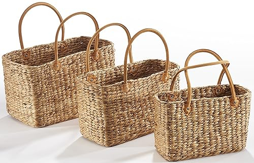 Kobolo Tasche Korbtasche Set aus Wasserhyazinthe - Lederhenkel - eckig 3er Set