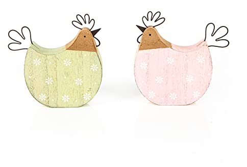 Logbuch-Verlag Juego de 2 figuras de gallinas de gallo y gallina, color rosa y verde, 12,5 cm, decoración de madera