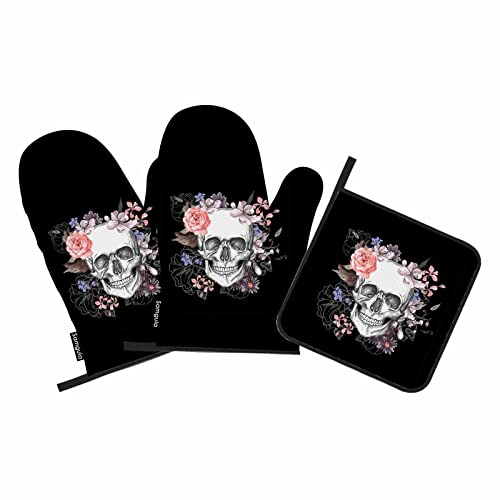 Samgula Totenkopf-Blumen-Ofenhandschuhe und Topflappen, Set Day of the Dead, Retro, hitzebeständig, 3 Stück zum Kochen, Backen, Grillen