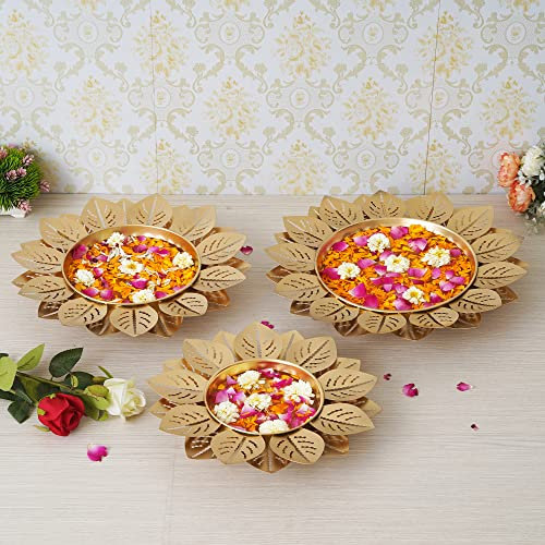 Webelkart Premium Gold Polish Leaf Design Set of 3 Flower Shape Flower Decorative Urli Bowl for Home Floating Flowers for Home,Table Decor| Diwali Decoration Gold