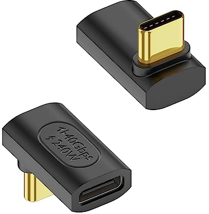 QIANRENON 240W USB4.0 C 90 Grado Ángulo Adaptador 40Gbps Type C 4.0 Macho a Hembra Recto Ángulo Conector, soporta 8K Audio/Video PD240W/50V Carga, para Tablet Laptop Steam Deck, 2Pcs(Curva Positiva)
