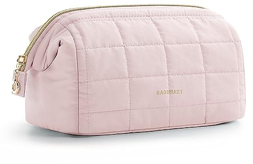 BAGSMART Makeup Bag Travel Toiletry Bag, Puffy Padded Make Up Bags for Women Makeup Organizer Case, Wide-open Pouch Purse Travel Essentials Toiletries Accessories Brushes, Pink