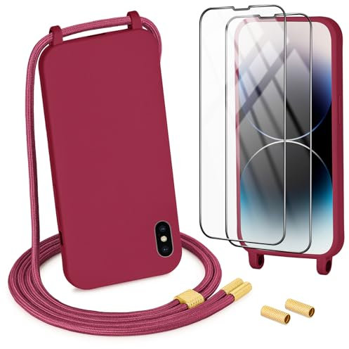 DiDaDi Handykette kompatibel mit iPhone X/Xs Hülle,Handyband Necklace Hülle mit Band Handyhülle für zum Umhängen Silikon Case mit Schnur Schutzfolie in Rot
