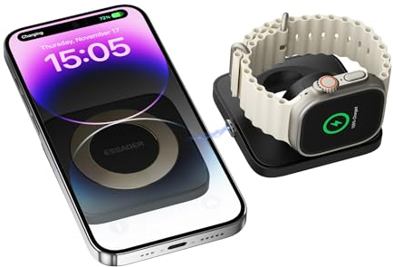 ESSAGER Cargador de 15W con Ventosa Magnética 2 en 1, Extraíble para Apple Watch Serie SE/8/7/6/5/4/3/2, Auriculares Inalámbricos y Serie LPhone 14/13/12, y Serie Galaxy (Negro)