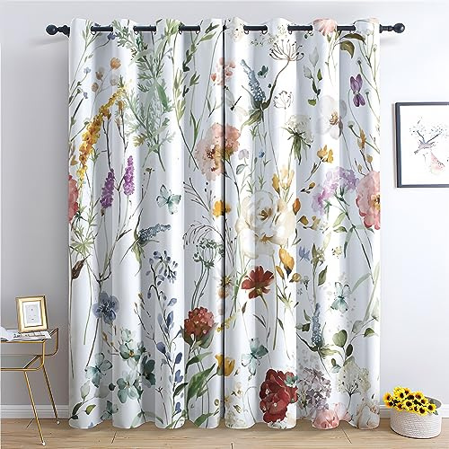 THYUNQ Vorhänge Blumen Muster, Vorhang Blickdicht Thermo Verdunklungsvorhänge mit Ösen - Gardinen Wohnzimmer Schlafzimmer Fenster, 2er Set Curtains, H 175 x B 140 cm