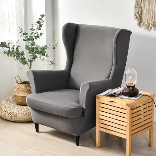Wing Chair Slipcover 2 Piece Set, 2 IN 1 Design Solid color Jacquard Thicken Velvet Wingback Chair Covers Armchair Stretch Covers for Wingback Armchair Chairs Living Room Bedroom Hotel (Grey)