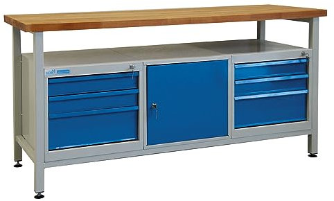 PROREGAL Werkbank Giant Rhino mit Ablagefach + 6 Schubladen + 1 Tür | HxBxT 84x170x60cm | Traglast 500kg | Lichtgrau/Lichtblau | Werkstatttisch Werktisch Packtisch Arbeitstisch
