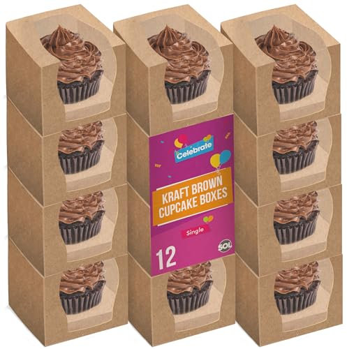 SOL 12pk Kraft Brown Cupcake Boxes – 9x9x9cm Single Cupcake Carrier with Clear Window – Sturdy Cardboard Bakery Boxes for Cupcakes, Muffins, Gifting, Parties, Weddings & Baking Presentation