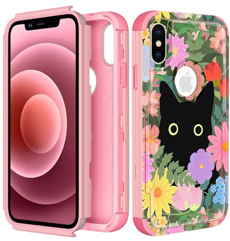 Plakill for iPhone Xs Max Case 3 in 1 Heavy Duty Protective Phone Cover for Women Men Girls Boys Hard Cases for iPhone 10 Xs Max,Flower Cat