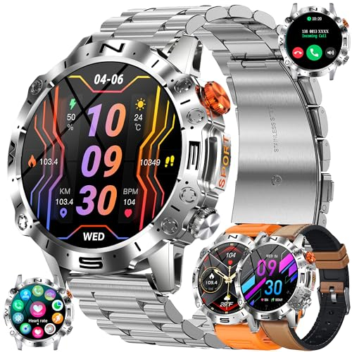 1,43 AMOLED Reloj Inteligente Hombre con Recibir y Contestar Llamadas, Smartwatch Deportivo con Pulsómetro, 3 Pulseras, Monitor de Sueño y Caloría para Xiaomi Samsung Huawei Android iOS (Plata)