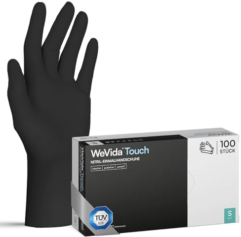 WeVida® Touch 100 guantes desechables negros L, guantes de goma resistentes, resistentes al desgarro, sin látex, sin polvo, guantes de nitrilo para cocinar, limpiar, tatuajes y cuidado de uñas