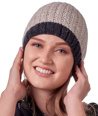 INTI ALPACA Beige und Grau Handgestrickte Alpaka Beanie Mütze mit Pom Pom - Wintermütze für Outdoor und Indoor (Pink), Beige, Einheitsgröße