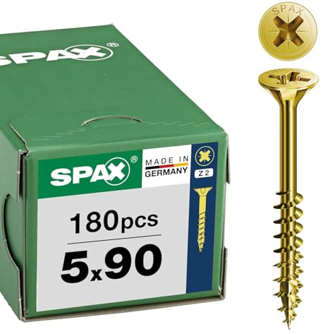 SPAX Universalschraube 5 x 90 mm, 180 St., Senkkopf Z2, Teilgewinde, YELLOX | Holzbauschrauben mit 4CUT-Spitze gegen Spleißen, Spanplattenschrauben für hohen Anpressdruck, Kreuzschlitz Z2 Verzinkung