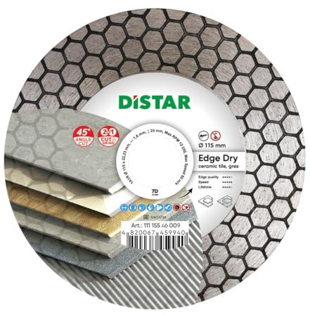 Disco de Diamante Edge Dry 115mm DISTAR - Disco diseñado para hacer Ingletes/Biselado/Cortes en 45 Grados - Capa de Diamante de doble cara de 25 mm - Apto para cortar Ceramica,Porcelanico,Marmol,etc.