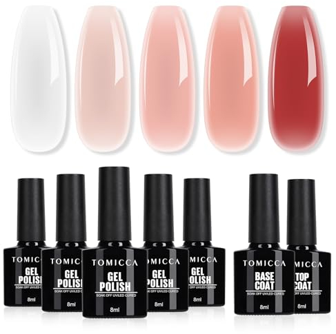 TOMICCA Gel Nail Polish Set 7PCS Nude Pink Milky White Blush Pink Gel Polish Starter Kit with No Wipe Top and Base Coat Translucent Soak Off UV DIY Home Manicure Kit Gift for Women Girls