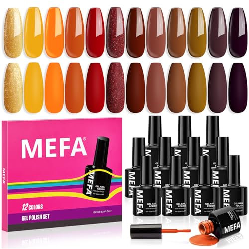 MEFA UV Nagellack Set, Gel Nagellack UV Set 12 Farben Gelb Rot Braun Orange Lila Glitzer Kollektion UV Gel Nagellack Soak-Off UV Nagellack für Anfänger DIY Nailart zu Hause Sommer, 7 ML