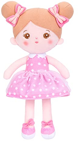 OUOZZZ Baby Puppe, Weiche Stoffpuppe mit Kleidung Rosa Gepunktetes Kleid, Plüsch Puppe Kuschelpuppe für Kinder ab 3 Monaten - Baby Geschenk zur Geburt Mädchen Jungen, 32cm