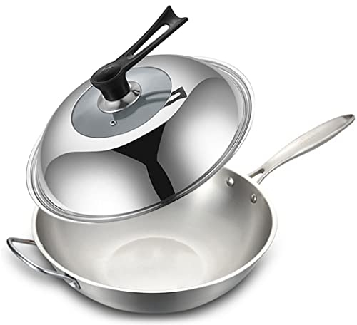 Amzheziyi Kitchen Frying Pan Stainless Steel Wok Uncoated Non-Stick Pan Induction Compatible Suitable for Gas Stove Induction Cooker