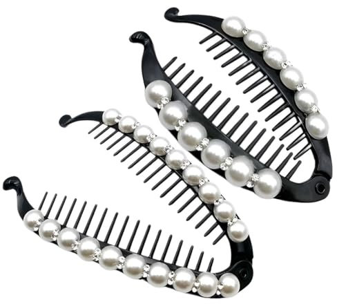 Paquete de 2 pinzas para el cabello de plátano con diamantes de perlas, pinzas para el cabello redondas de plátano, pinzas para el cabello con diamantes de perlas para mujeres, medianas/grandes