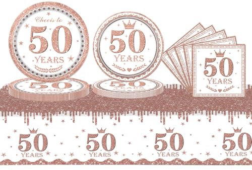 53Pcs Tableware Set - 50th Birthday Table Cloth, Napkins, Plates & Dinnerware in Rose Gold for Her 50th Anniversary Party Supplies