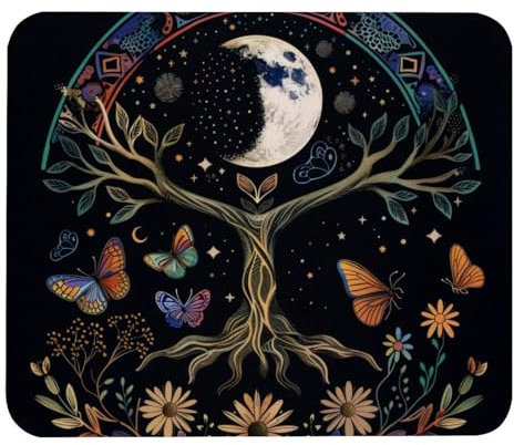 Tapis de souris carré, phase de lune, arbre de vie, nature, fleur, papillon, tapis de souris lavable avec base en caoutchouc antidérapant, tapis de souris d'ordinateur pour souris sans fil, glisse
