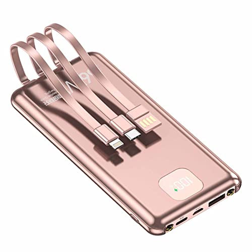 Power Bank 20000Mah, Portable Charger with Built in Cables USB C Powerbank 3 Output& 2 Input with LED Display Flashlight Phone Charger Power Bank Battery Pack,Pink